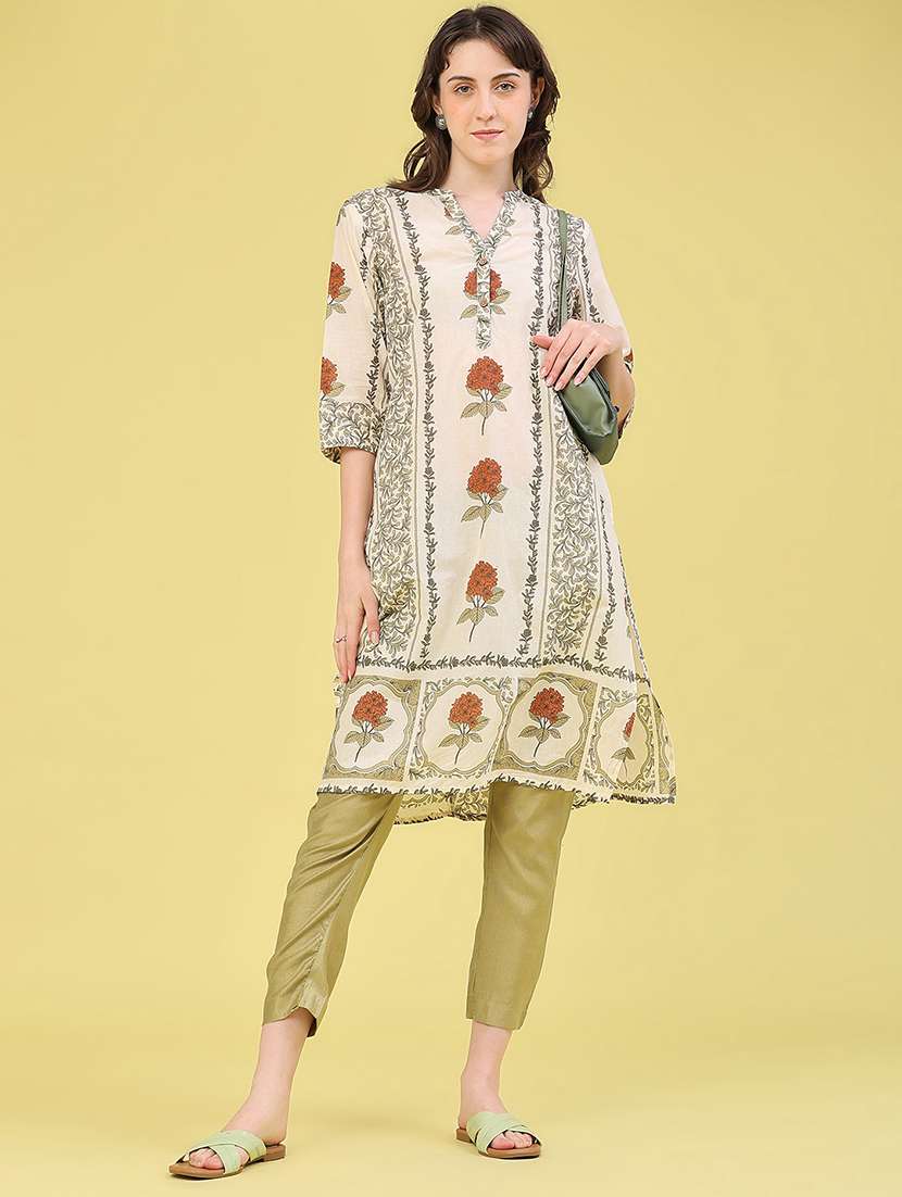 women printed three quarter sleeve straight kurta