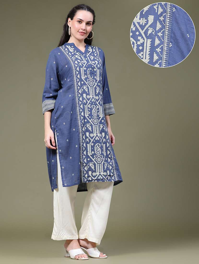 Women Self Design Three Quarter Sleeves Straight Kurta - 22547349 -  Standard Image - 3