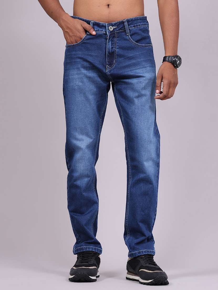 men washed mid rise full length straight jeans