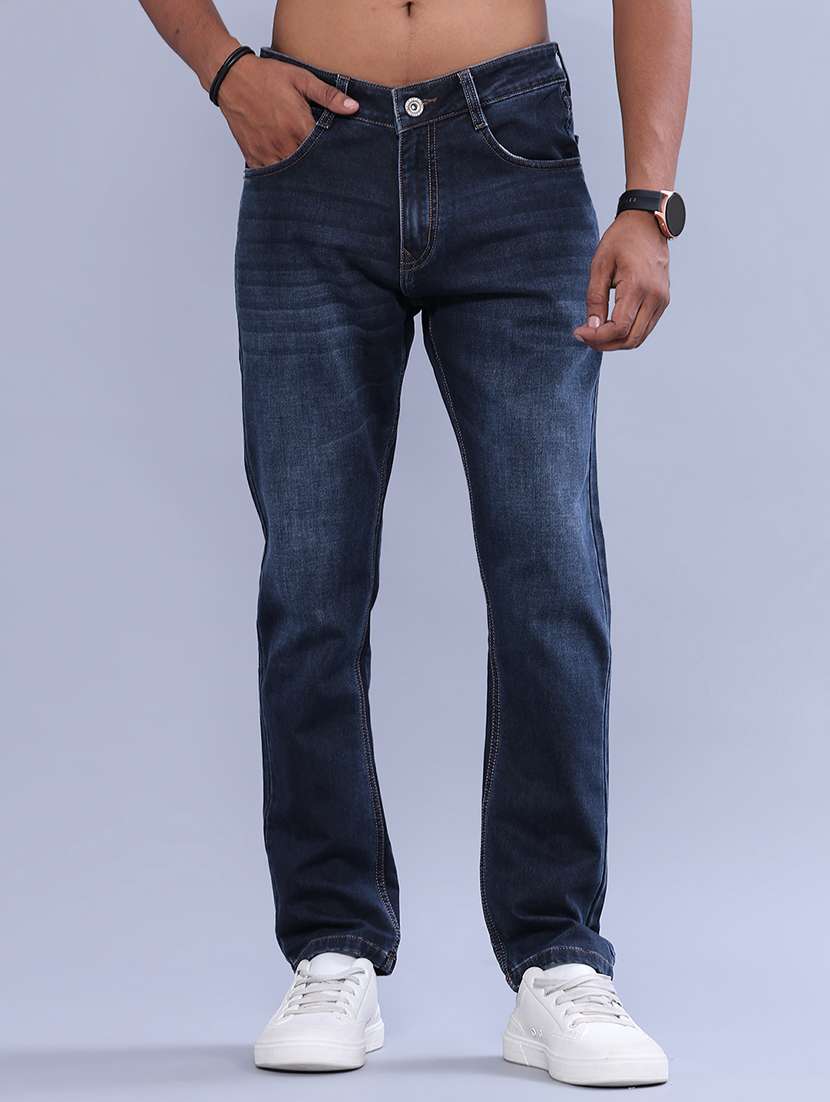 men washed mid rise full length straight jeans