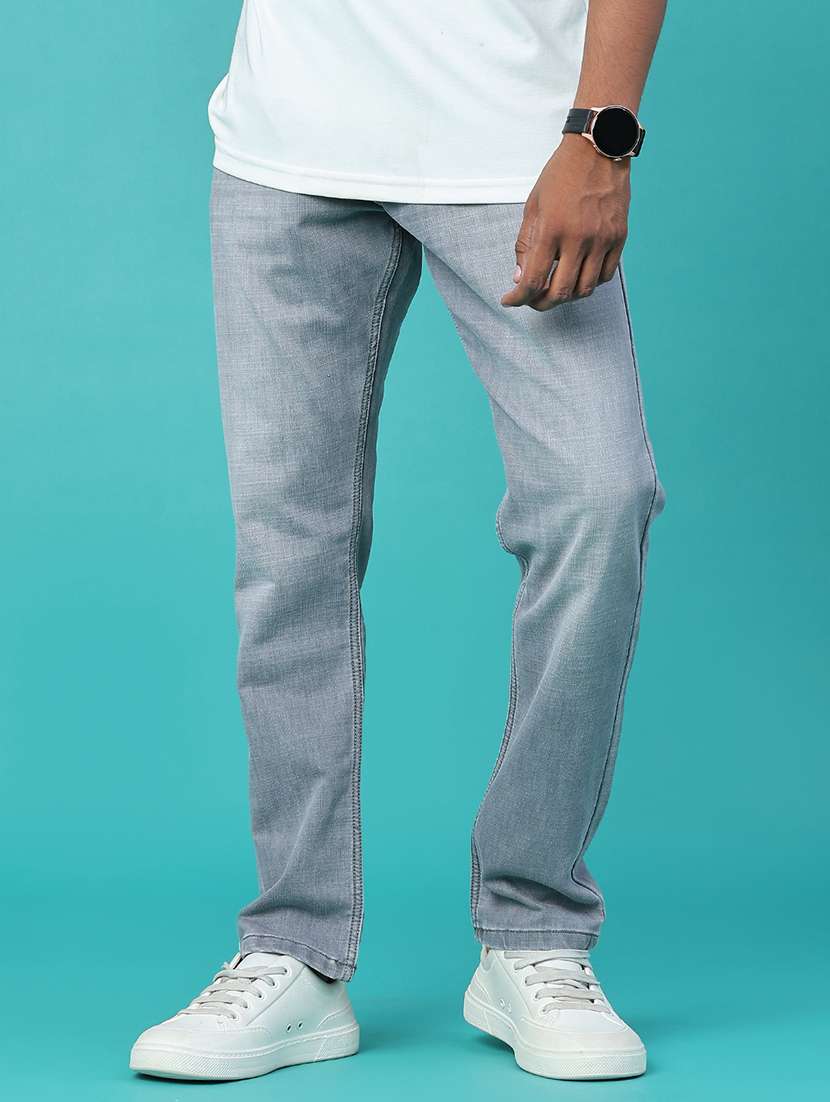 men washed mid rise full length straight jeans