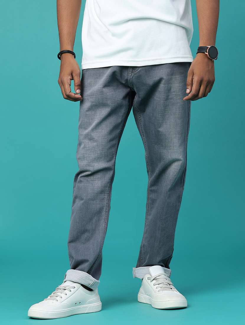 men washed mid rise full length tapered jeans