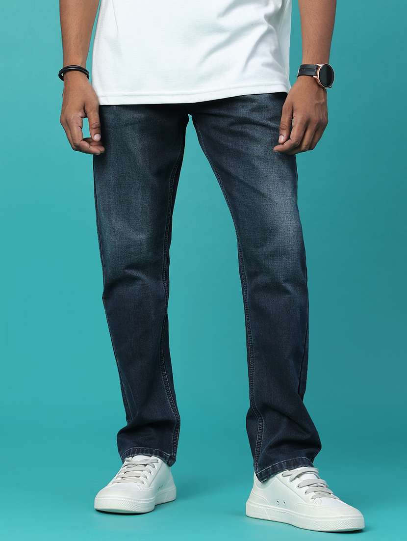 men washed mid rise full length straight jeans