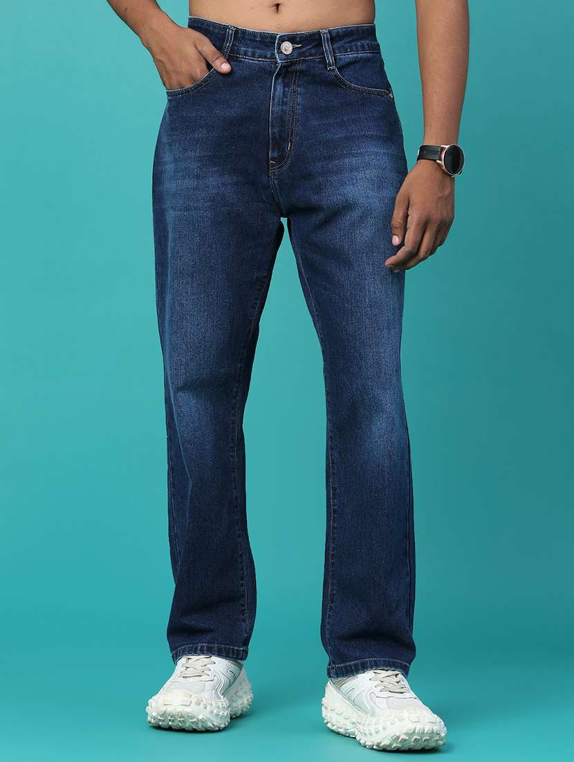 men washed mid rise full length straight jeans