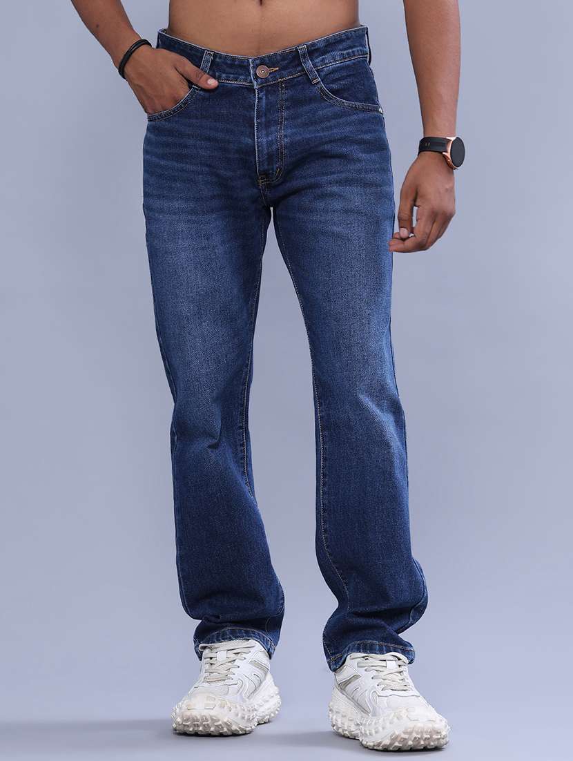 men washed mid rise full length straight jeans