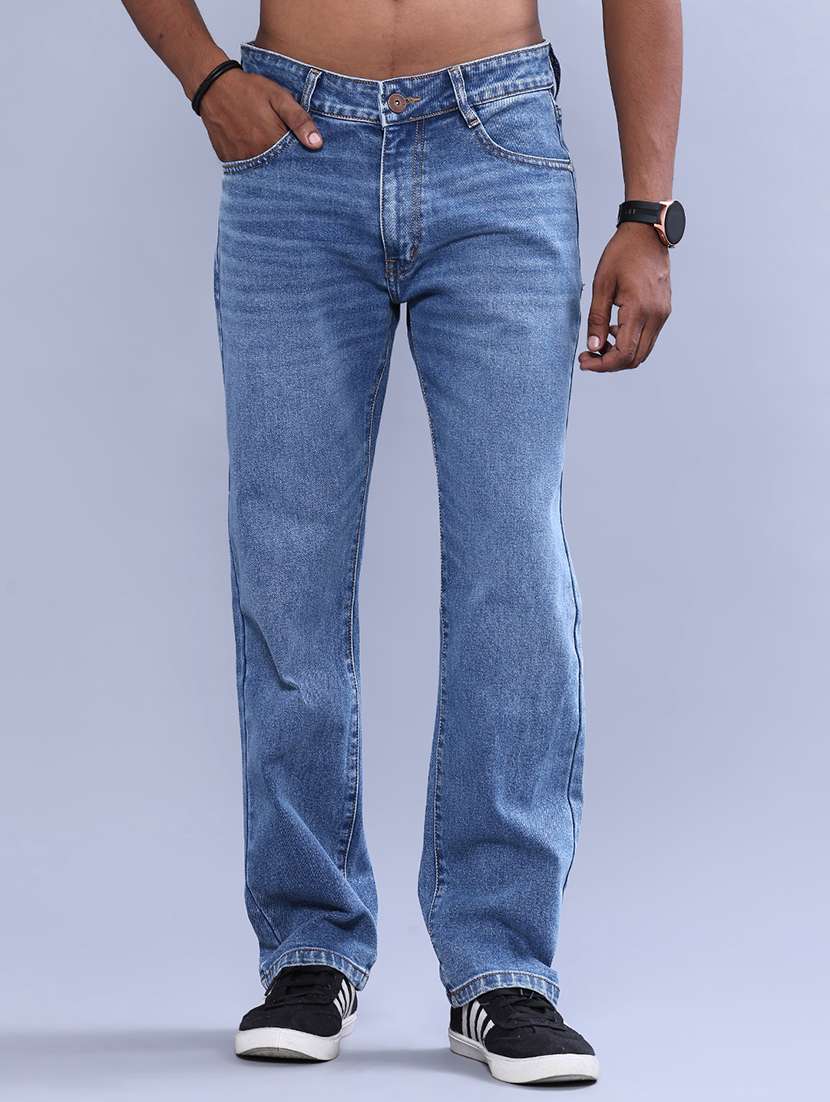 men washed mid rise full length straight jeans