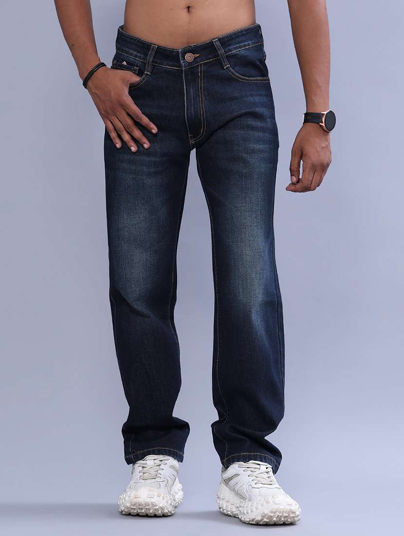 men washed mid rise full length straight jeans
