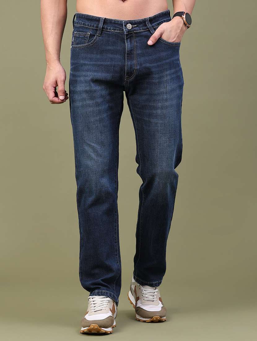 men washed mid rise full length straight jeans