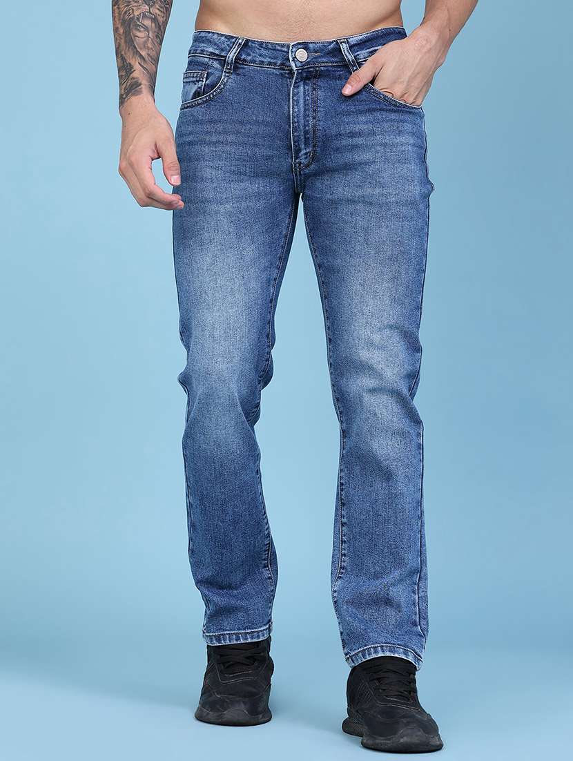 men washed mid rise full length straight jeans
