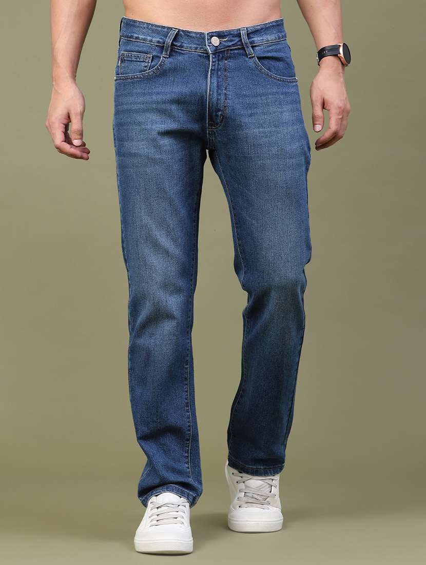 men washed mid rise full length straight jeans