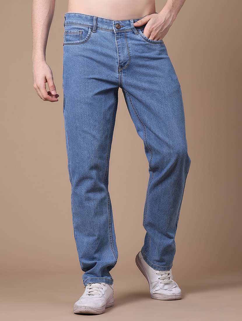 men washed mid rise full length straight jeans