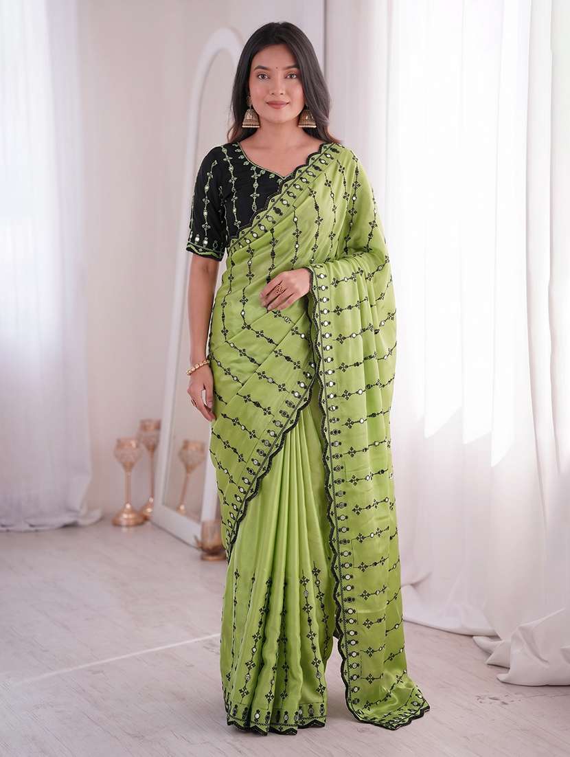women solid with work embroidered saree with blouse