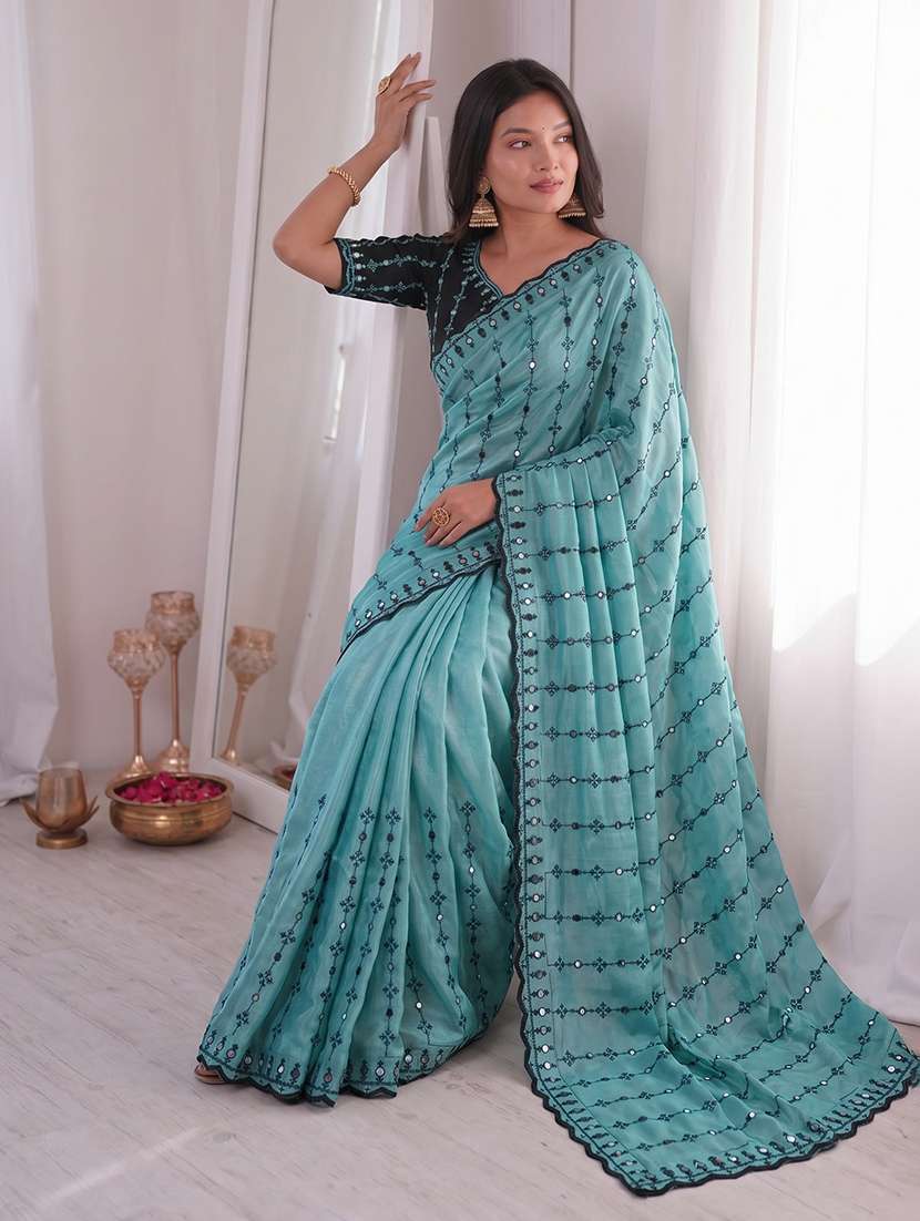 women solid with work embroidered saree with blouse - 22547902 -  Standard Image - 5