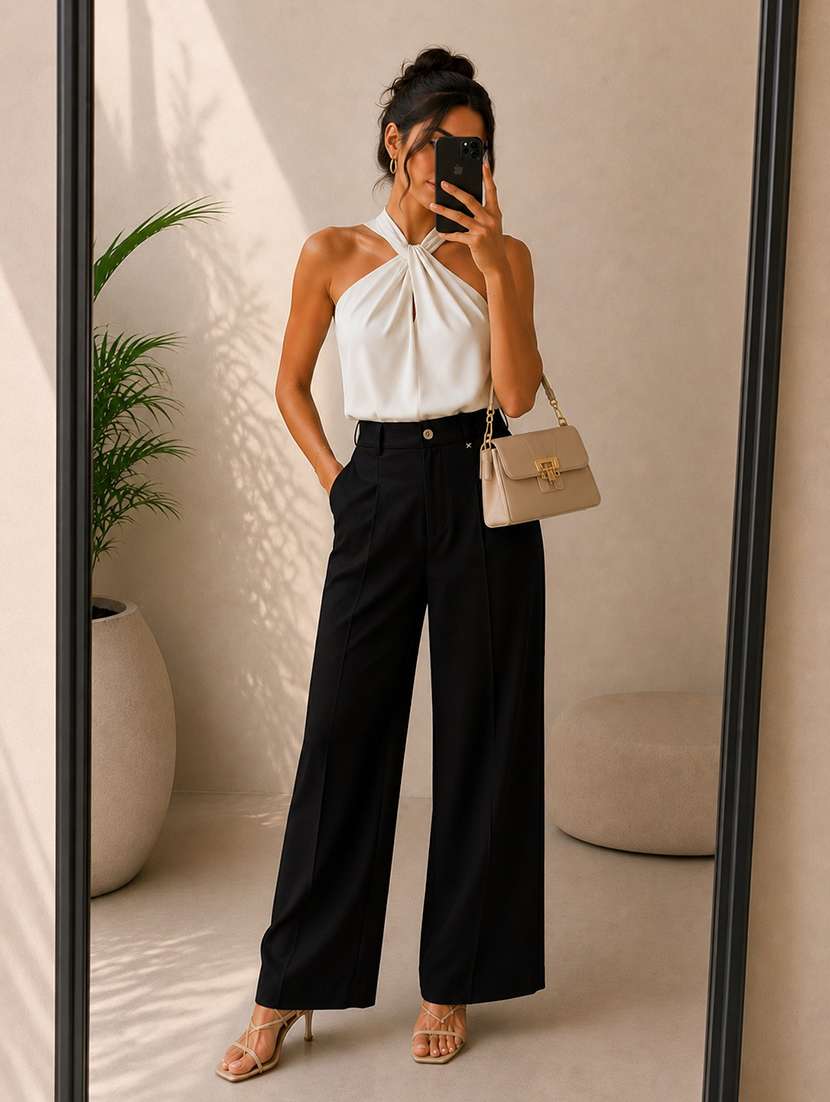 women solid high rise wide leg trouser - 22548004 -  Standard Image - 3