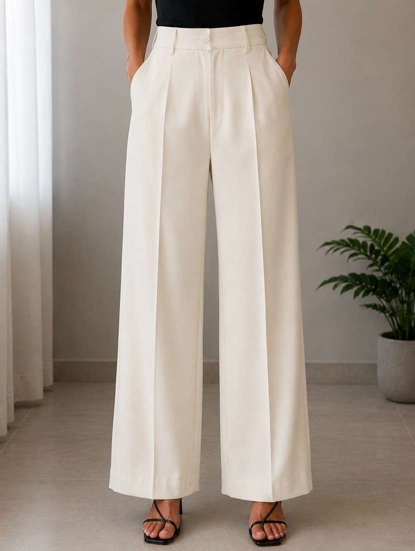 women solid high rise wide leg trouser