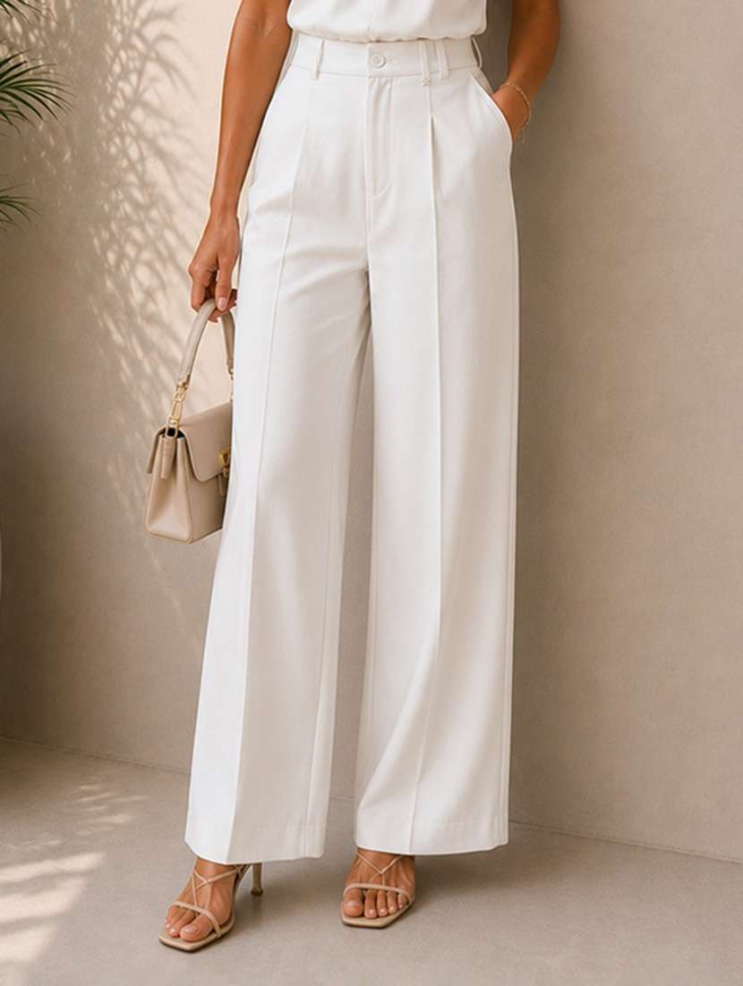 women solid high rise wide leg trouser