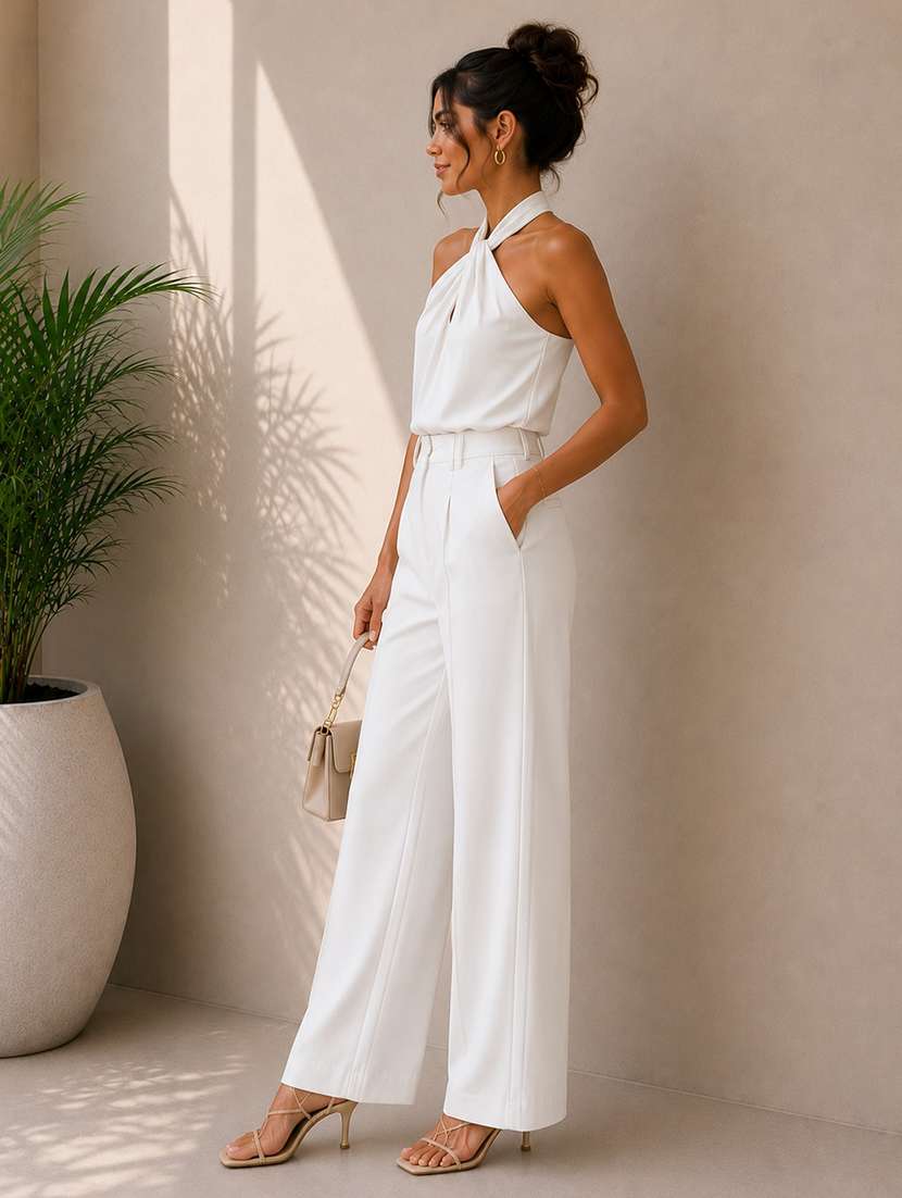 women solid high rise wide leg trouser - 22548006 -  Standard Image - 3