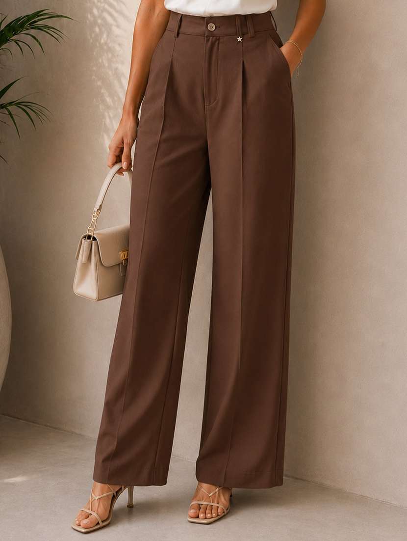 women solid high rise wide leg trouser