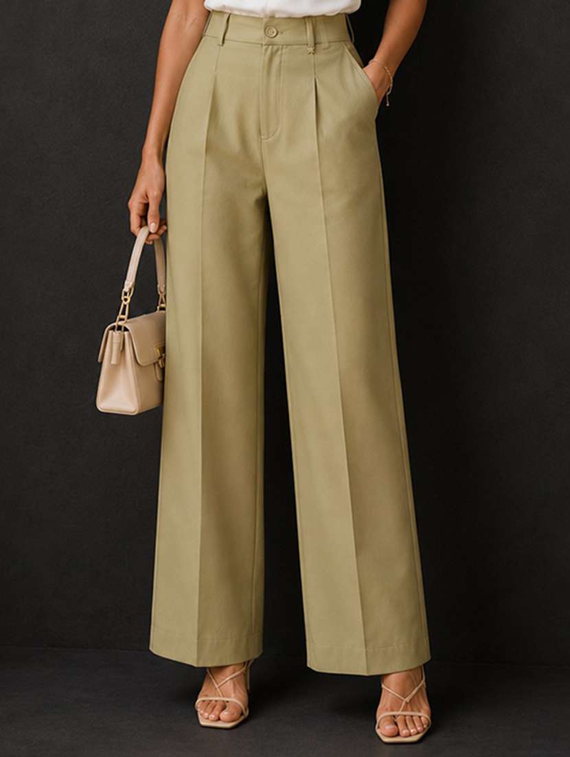 women solid high rise wide leg trouser