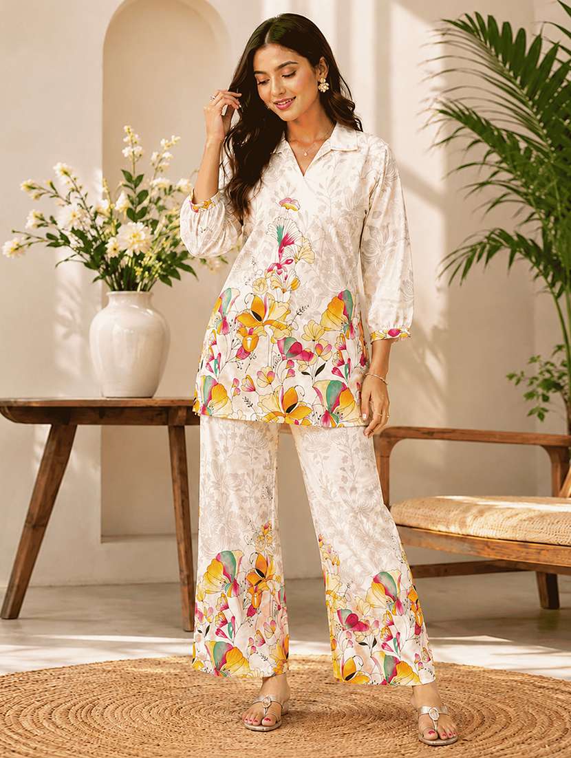 women printed collared top and trouser co-ord set
