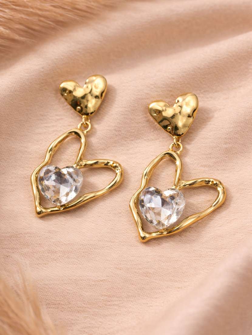 gold tone silver crystal heart drop earrings