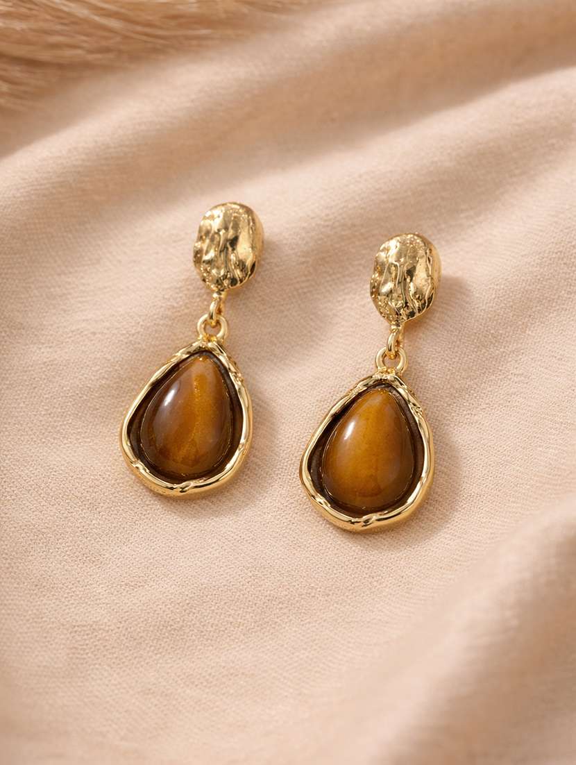 gold brown stone teardrop drop earrings
