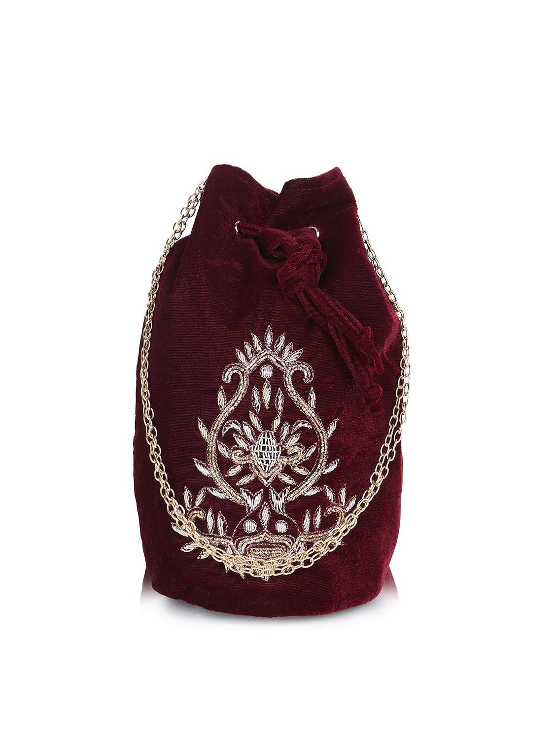 maroon embroidered velvet potli bag 