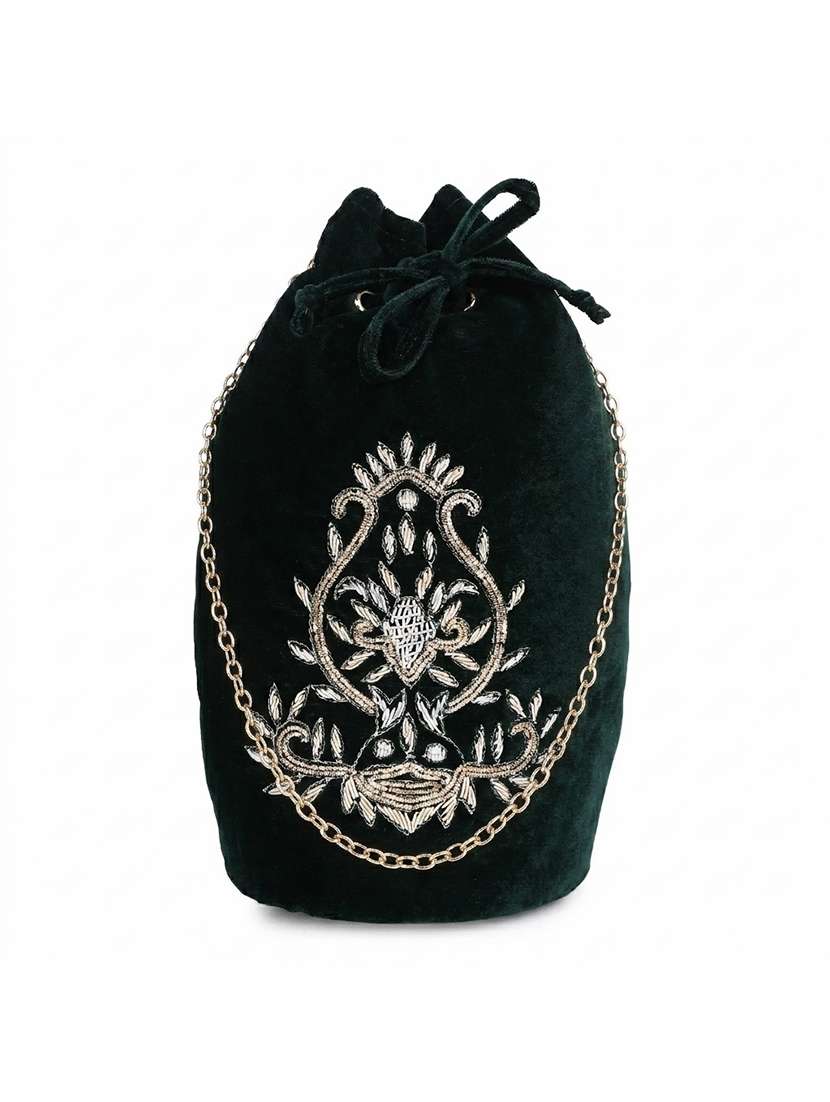 green embroidered velvet potli bag 