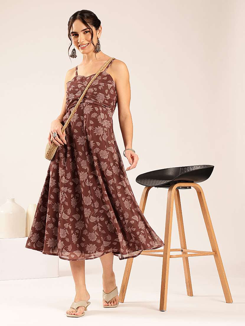 women printed shoulder strap fit and flare dress