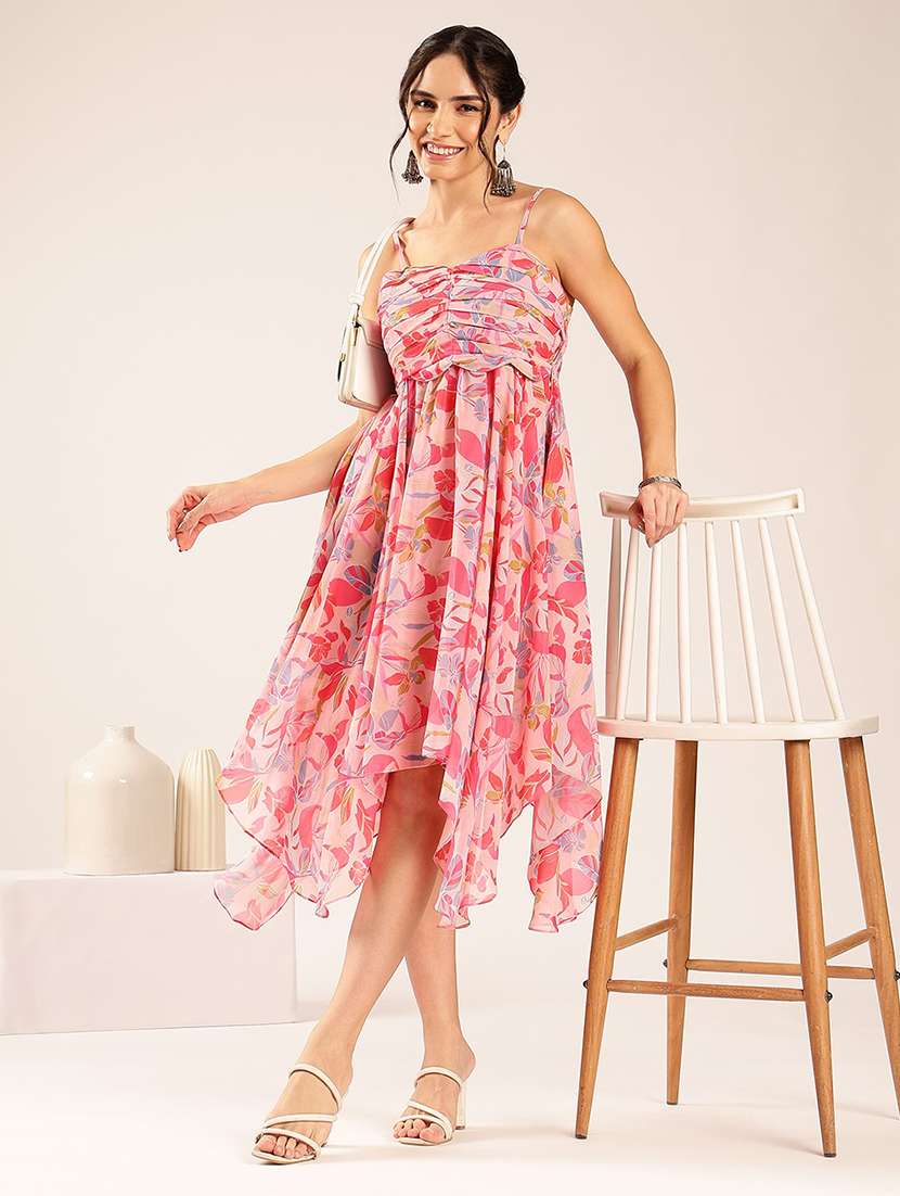 women printed shoulder strap asymmetric dress