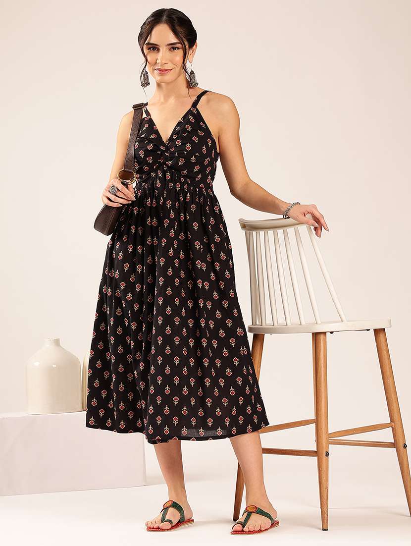 women printed shoulder strap a-line dress