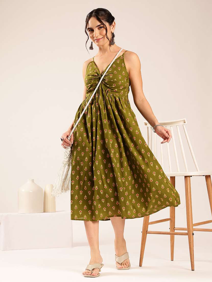 women printed shoulder strap a-line dress