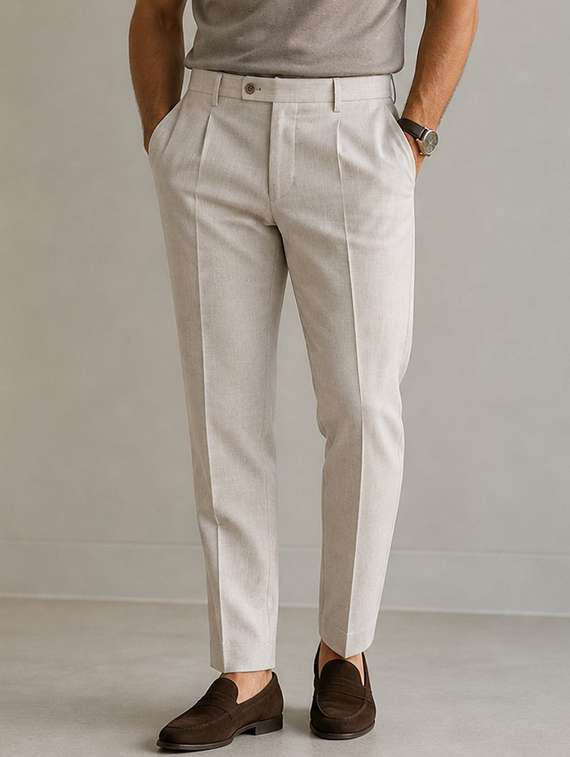 men solid mid rise pleated formal trouser