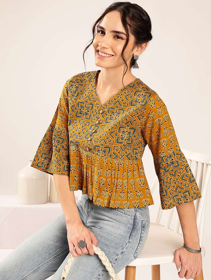 women printed bell sleeves peplum top