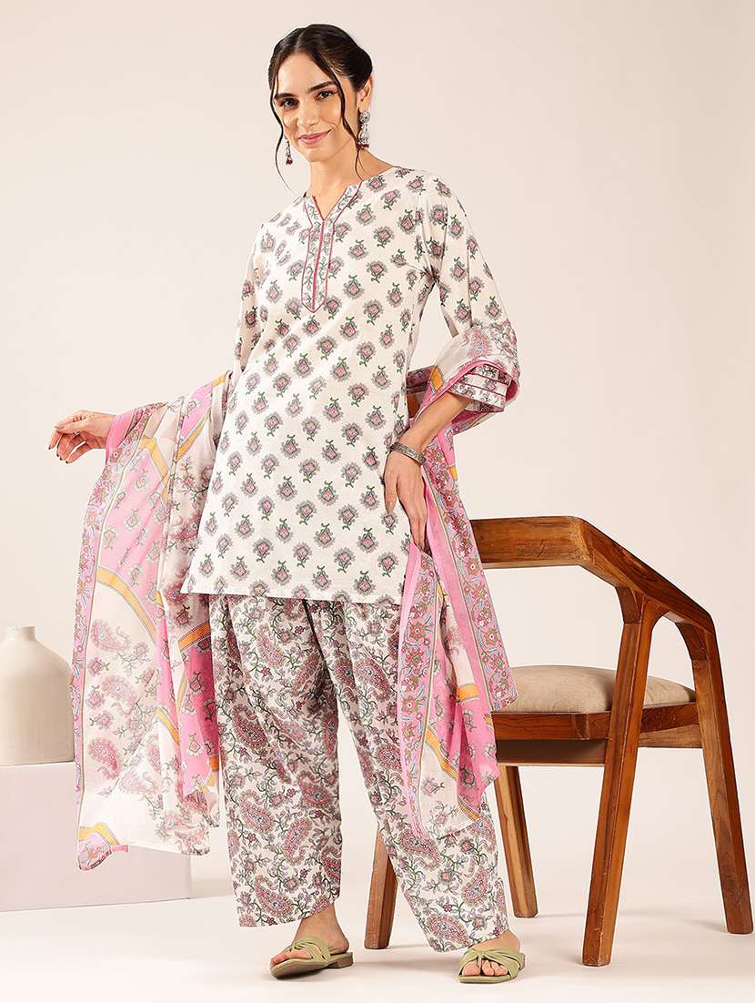 women printed three quarter sleeves kurta salwar set with dupatta