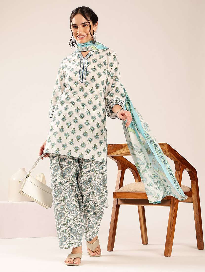 women printed three quarter sleeves kurta salwar set with dupatta
