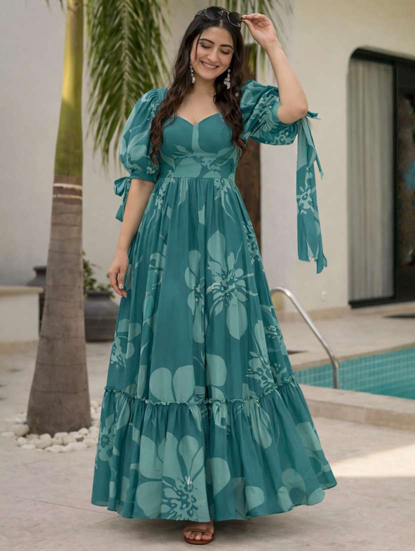 women floral printed puff sleeve maxi tiered dress