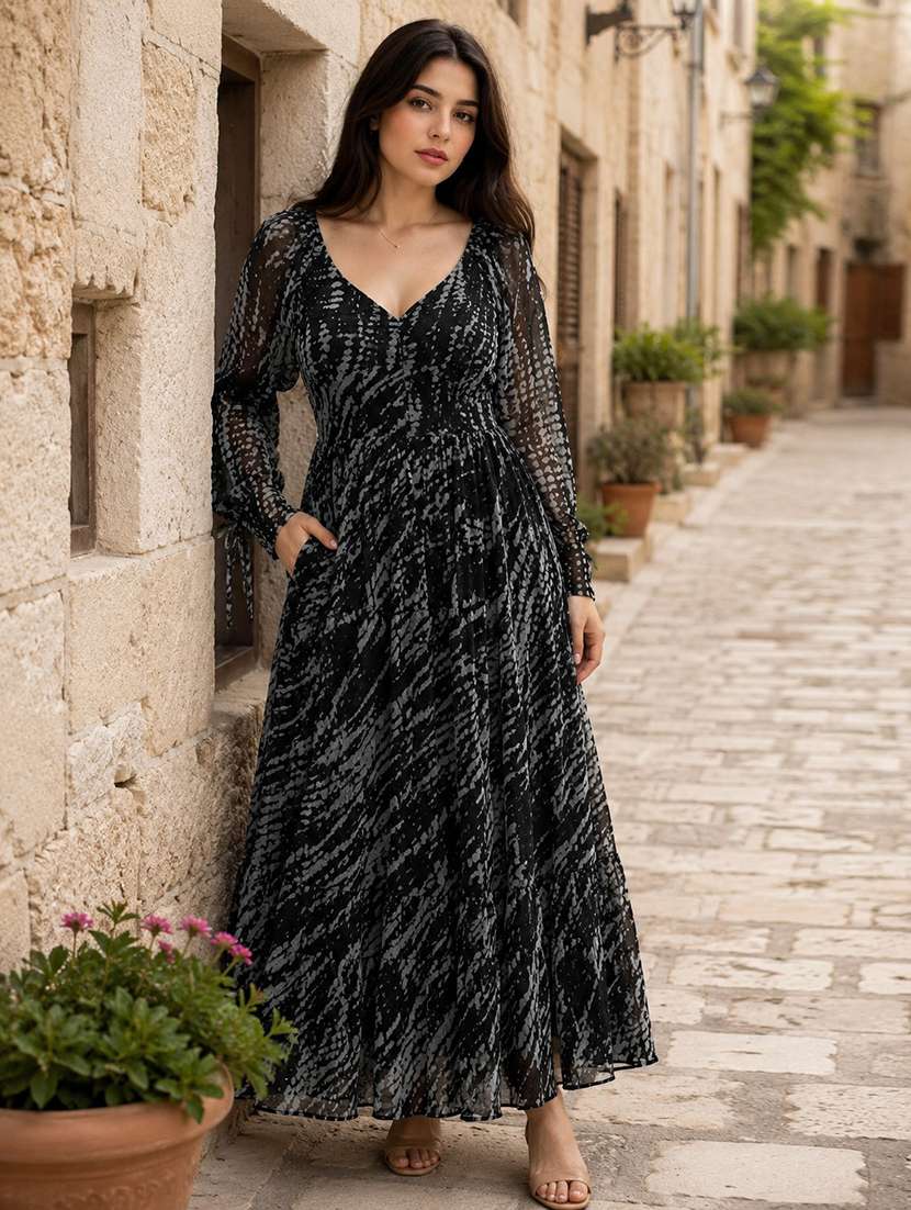 women printed long sleeve maxi wrap dress