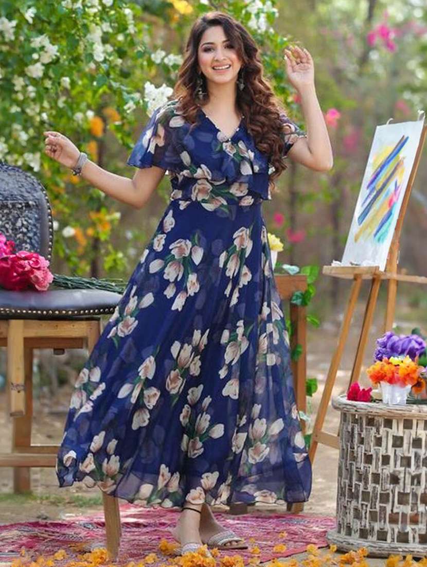 women floral printed v neck fit & flare dress