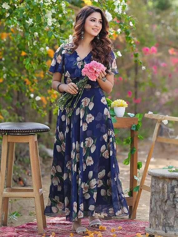 women floral printed v neck fit & flare dress
