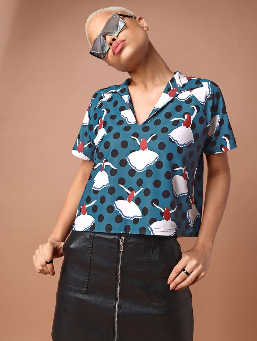 women printed collared regular top