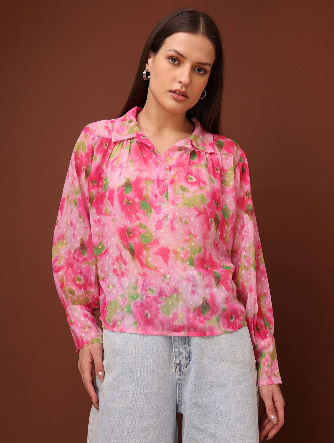 women printed collared regular top