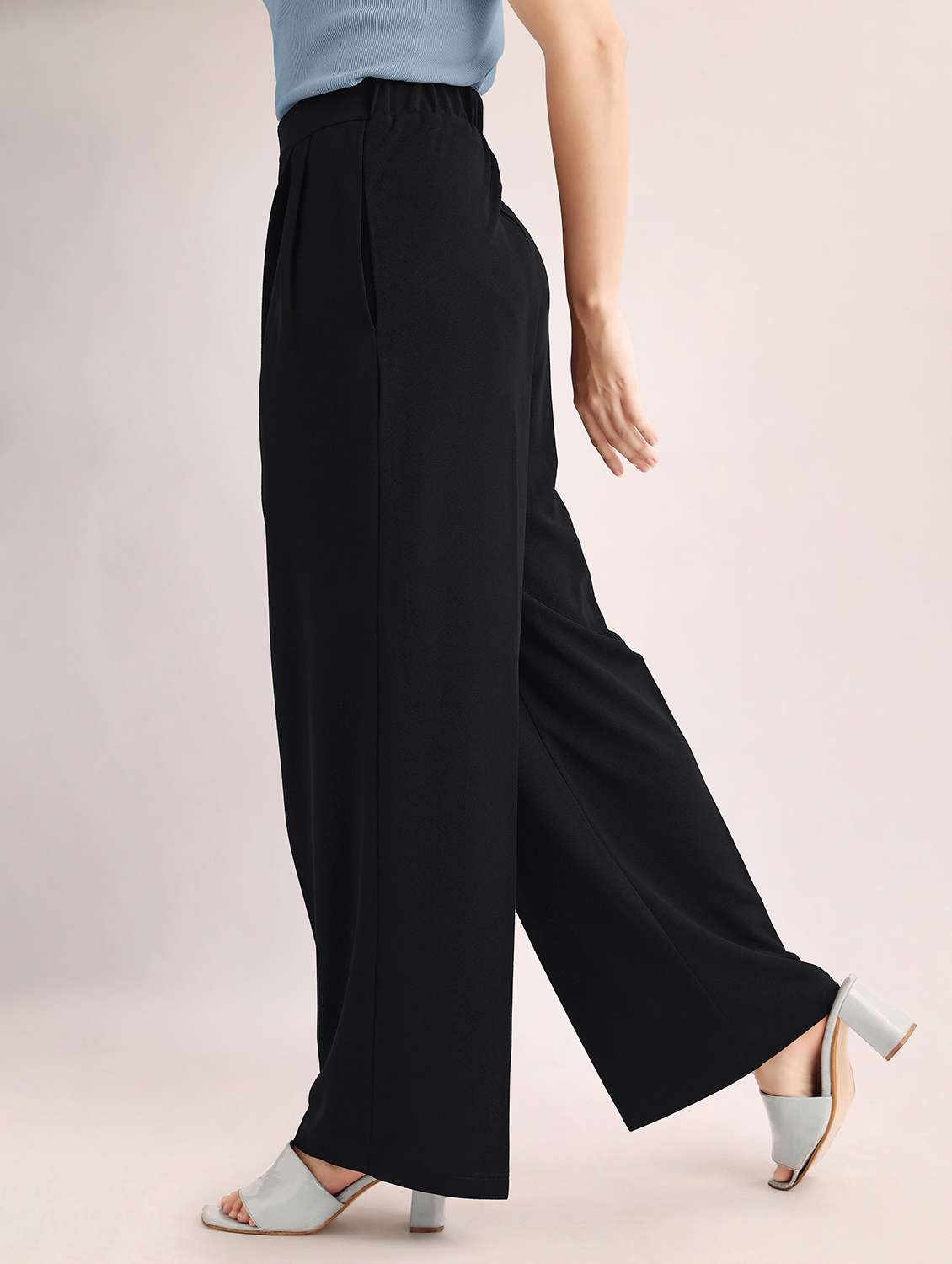 women solid high rise wide leg trouser - 22549095 -  Standard Image - 3