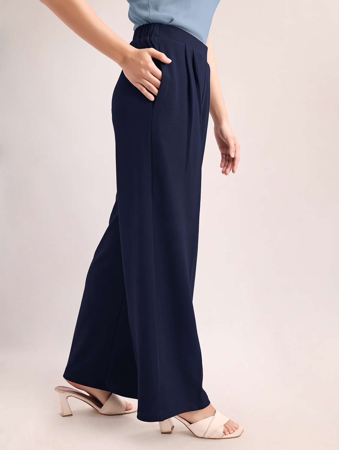 women solid high rise wide leg trouser - 22549098 -  Standard Image - 3