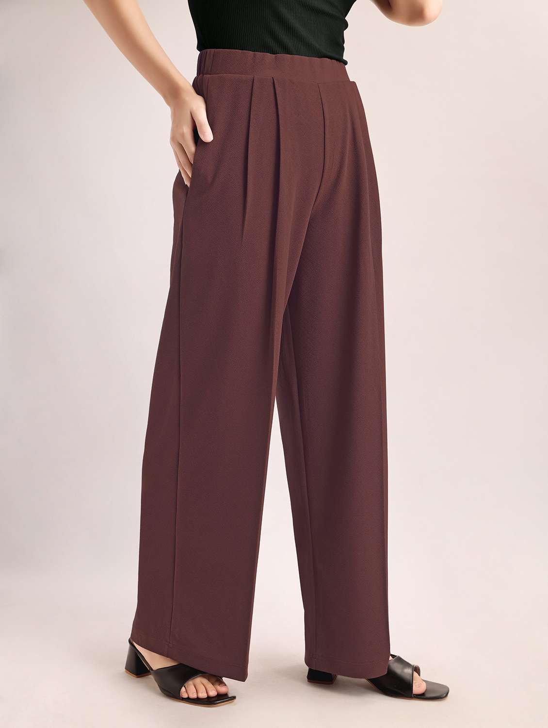 women solid high rise wide leg trouser - 22549099 -  Standard Image - 3