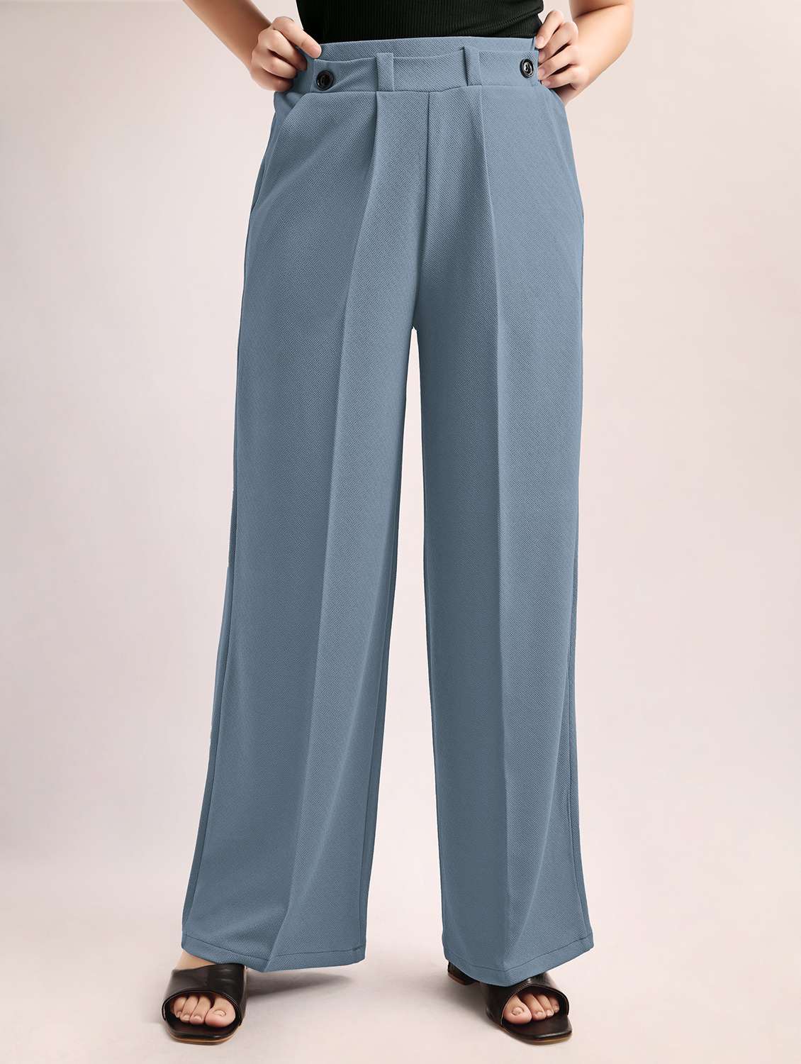 women solid high rise wide leg trouser