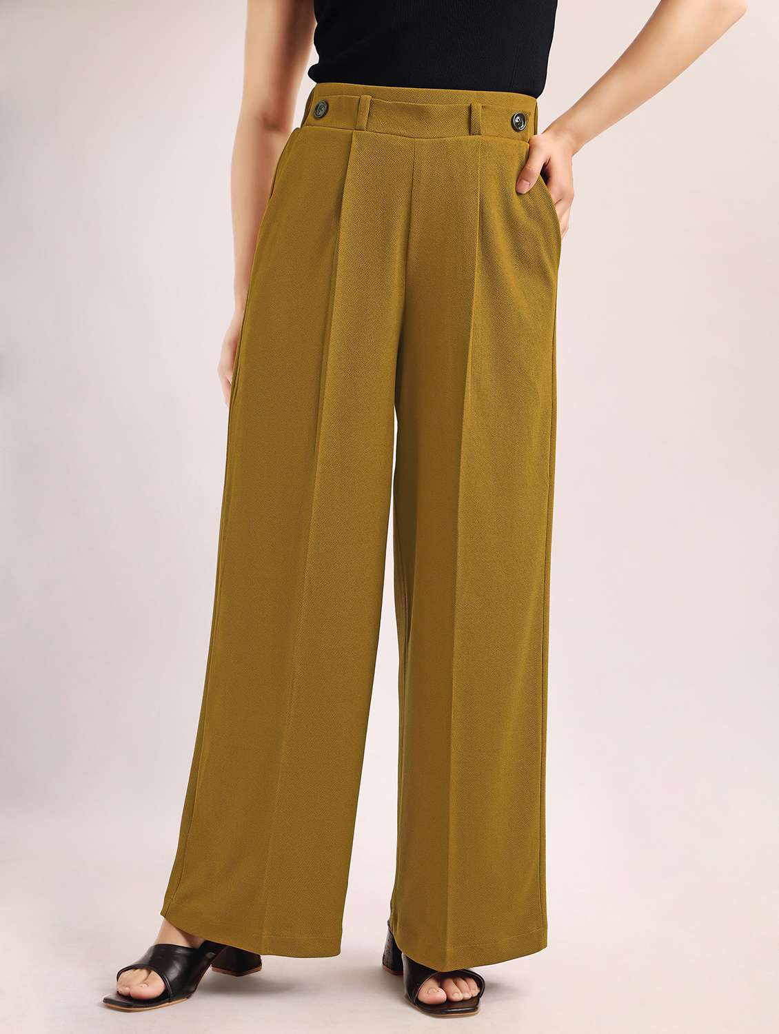 women solid high rise wide leg trouser