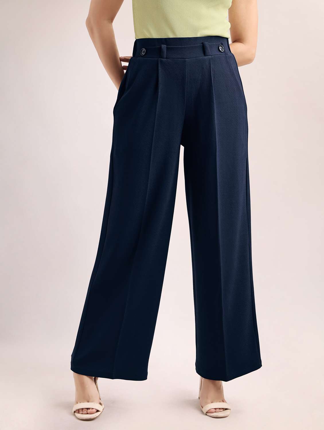 women solid high rise wide leg trouser