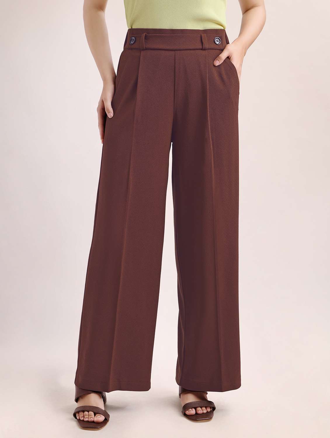 women solid high rise wide leg trouser