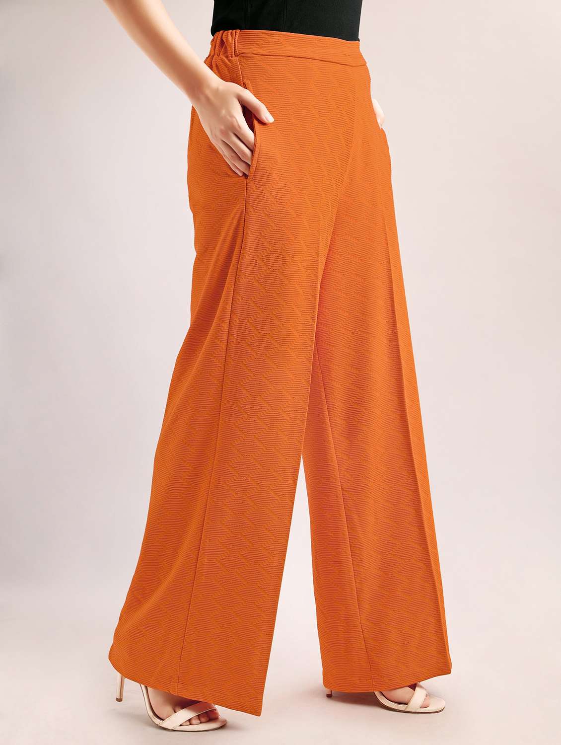 women self design high rise wide leg trouser - 22549111 -  Standard Image - 3